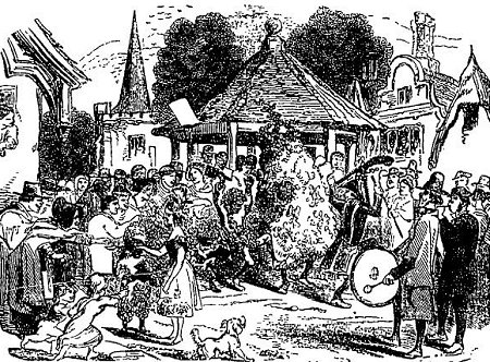 Perhaps a 'typical' scene of enactment. Note the Pandean pipes and drum player with another musician, apparently on flageolet. 'My Lady' collects money in a ladle at left. From The Penny Illustrated Paper, 3 May 1862, page 285.