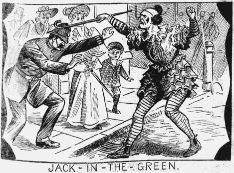 The clown attendant upon the 'Jack' strikes a police officer : a not-unheard-of occurrence. From The Illustrated Police News, 11 May 1895, page 5.